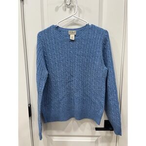 LL Bean Womens Cable Knit Sweater Blue Lambswool Blend M-Reg